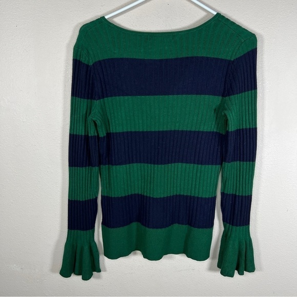 SMALL CABLE AND GAUGE GREEN BLUE STRIPED COLORBLOCK KNIT SWEATER BELL SLEEVE - Picture 5 of 9